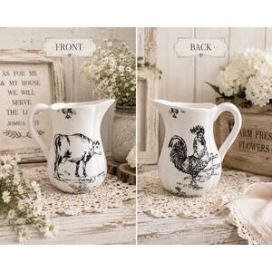 J. Willfred Farmhouse Ceramic Pitcher Cow and Rooster White Black Toile 9 Inch